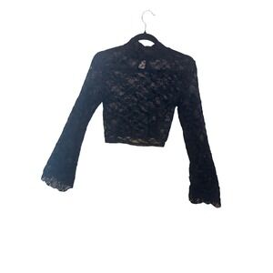 Womens Lace Crop Top Small Black Bell Sleeve Mock Neck Goth Whimsigoth Festival